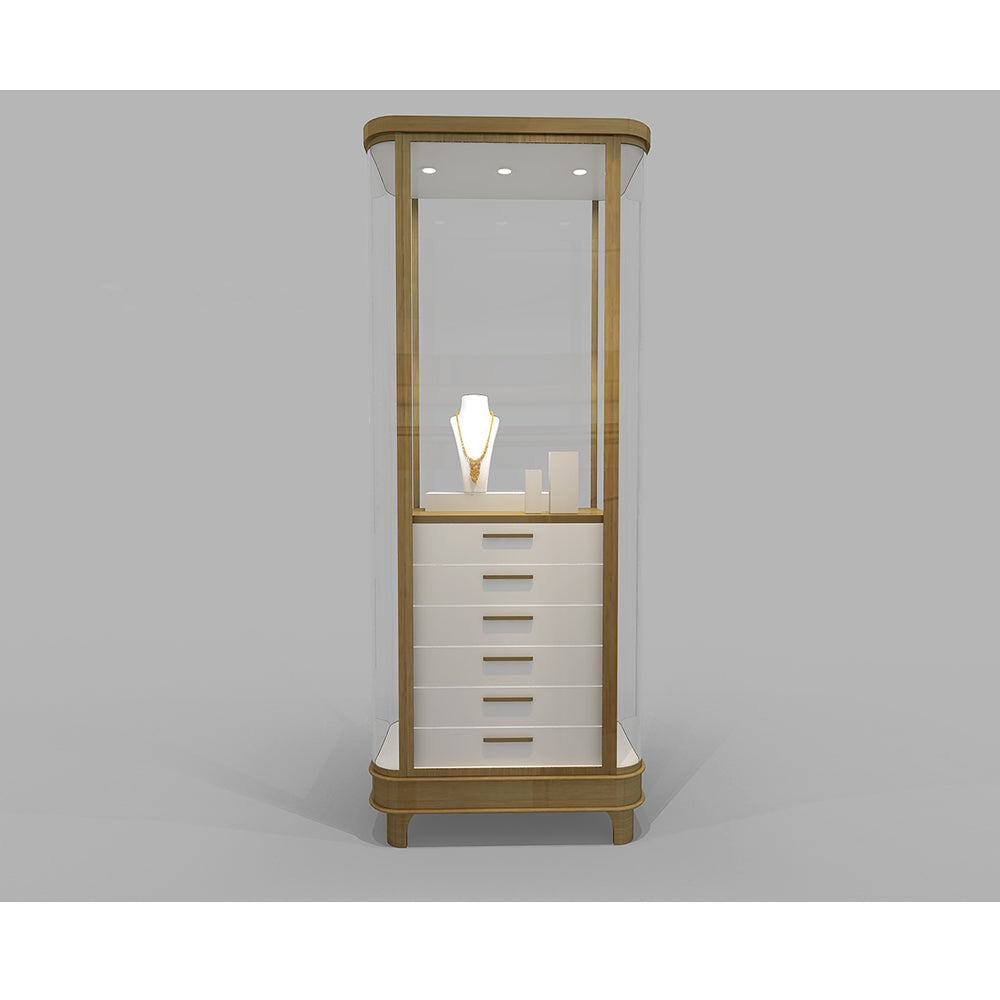Tall jewelry display cabinet with storage cabinet and glass display case